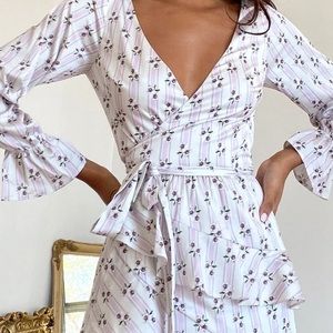 Bellevue Greta White Multi Print Ruffled Long Sleeve Wrap Dress